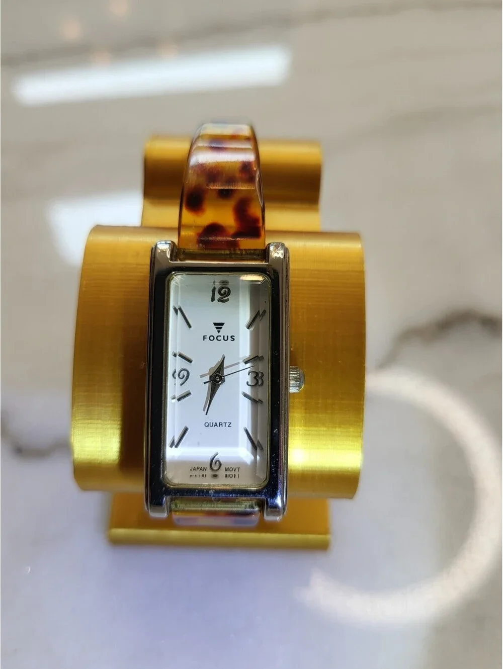 Vtg FOCUS Womens Watch SilverCase Bakelite Leopard Band JapanMvmt Working EUC 7